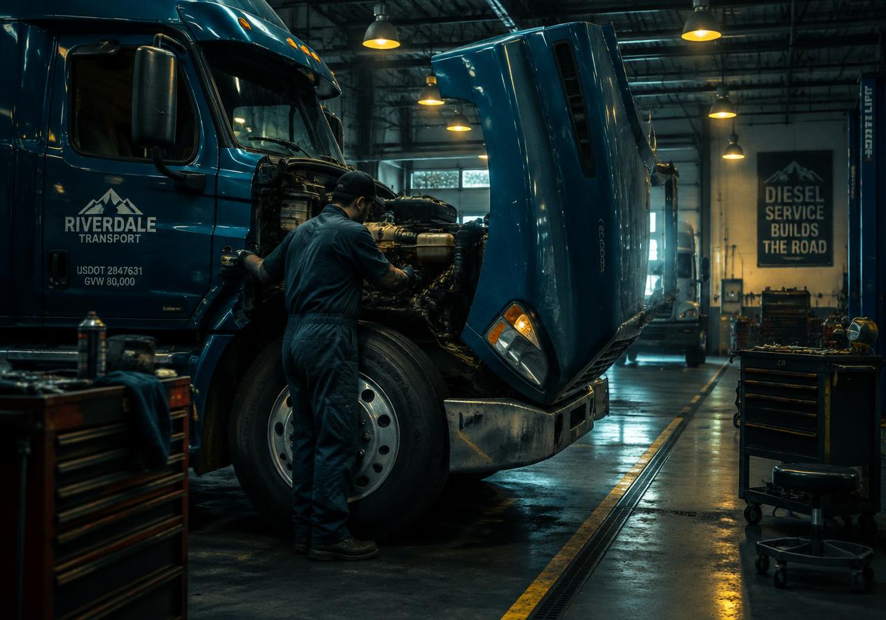 Caminhão pesado em manutenção em oficina diesel