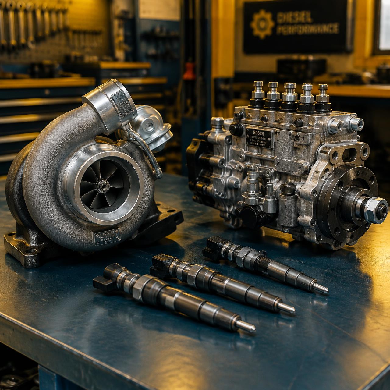 Turbocompressor, bomba injetora e bicos injetores diesel sobre bancada