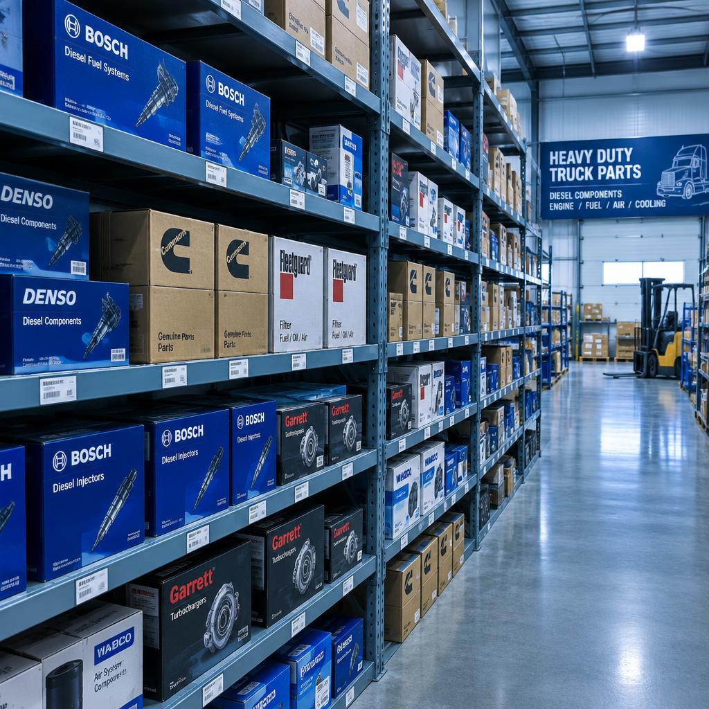 Estoque organizado de componentes diesel
